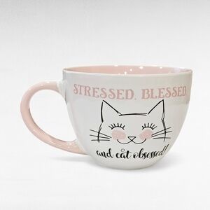 Cat Large Mug Stressed Blessed and cat obsessed Pink White Mug
